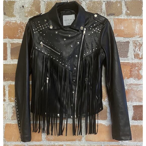 Coffee Bean Jackets & Blazers - Coffee Bean Star Studded Faux Leather Fringe Black Moto Motorcycle Jacket Medium